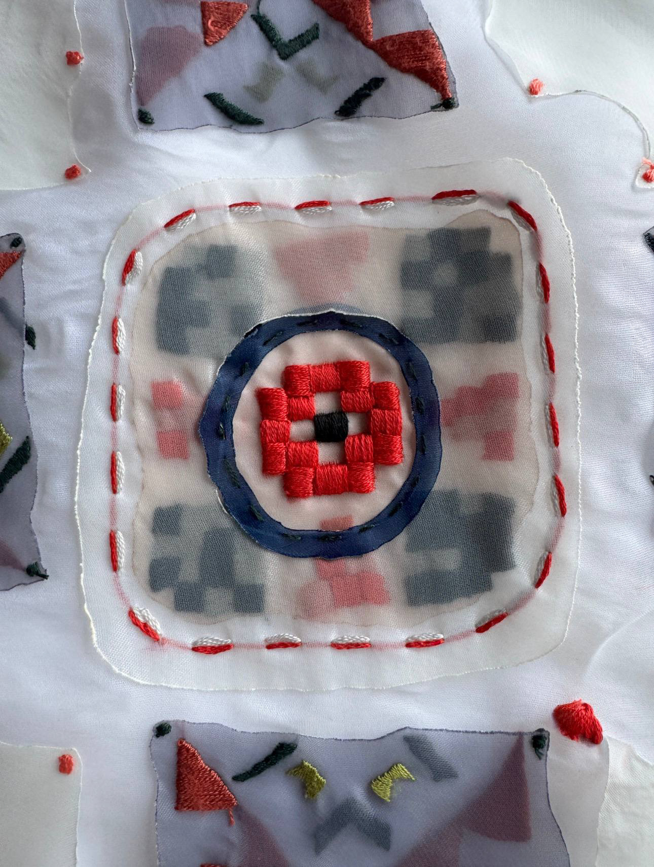 Detail of mandala centre with red embroidery and appliqué